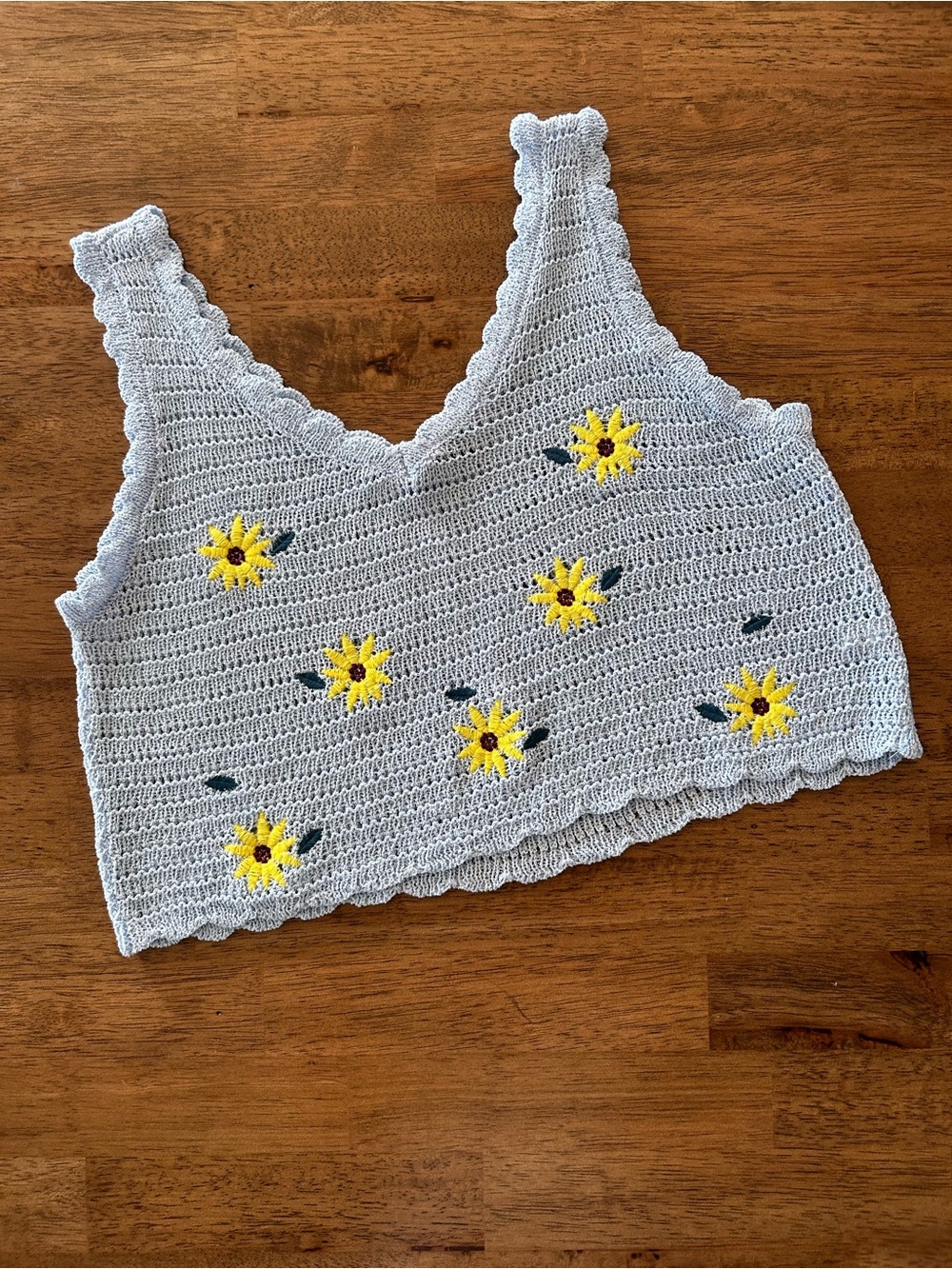 Handmade Baby Blue Crochet Crop Top with Yellow Daisy Embroidery